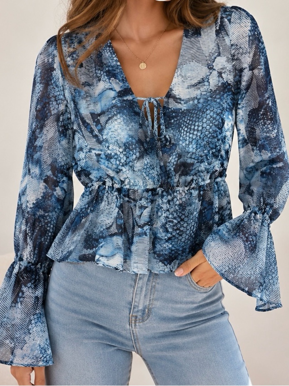 Guess Blue Mixed-Print Tie-Front Peplum Blouse